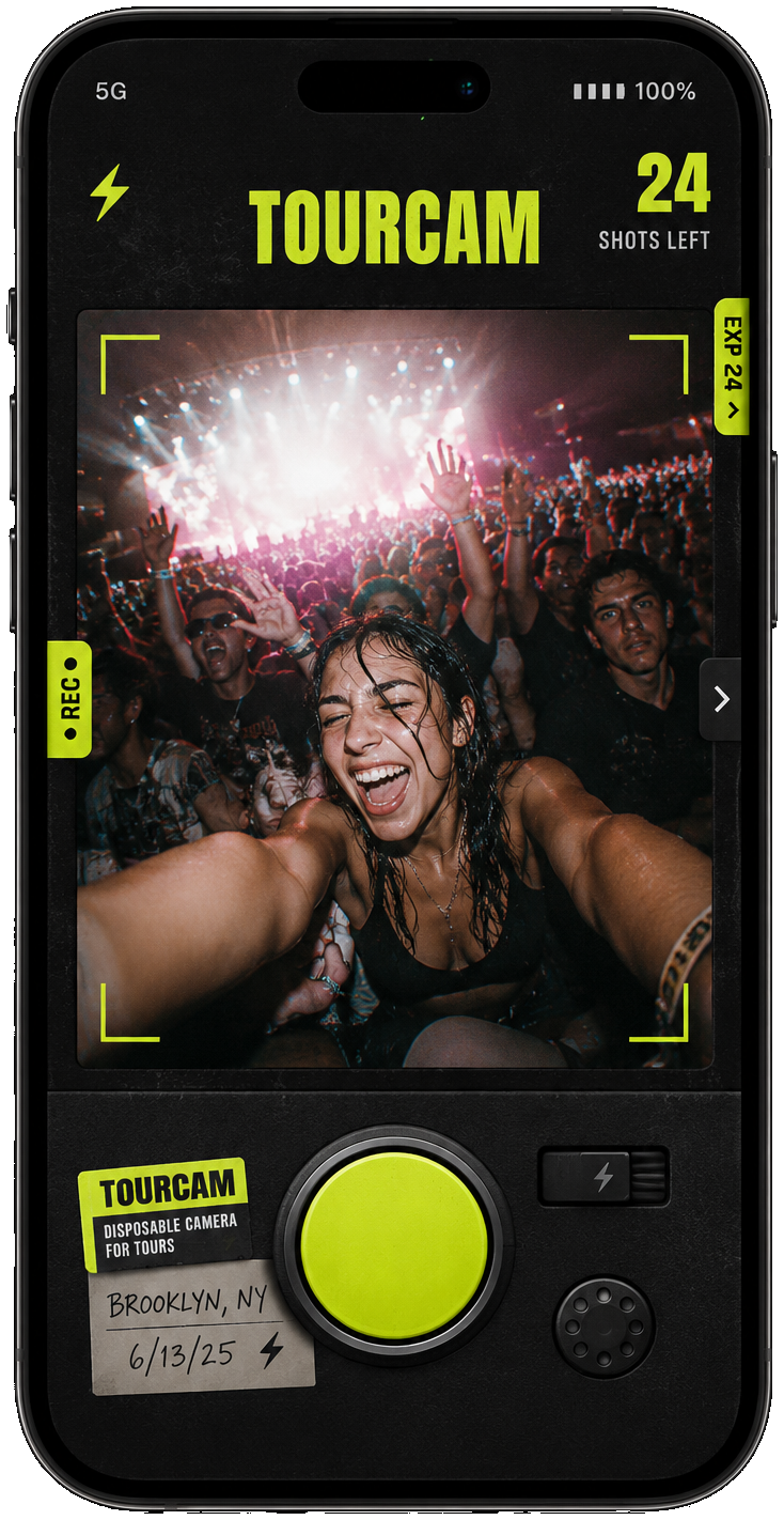 TourCam disposable camera app running on a phone at a concert
